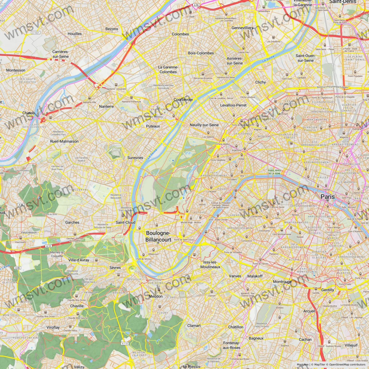 Detailed WMS-VT output covering Paris, La Défense, Saint-Denis, and nearby districts