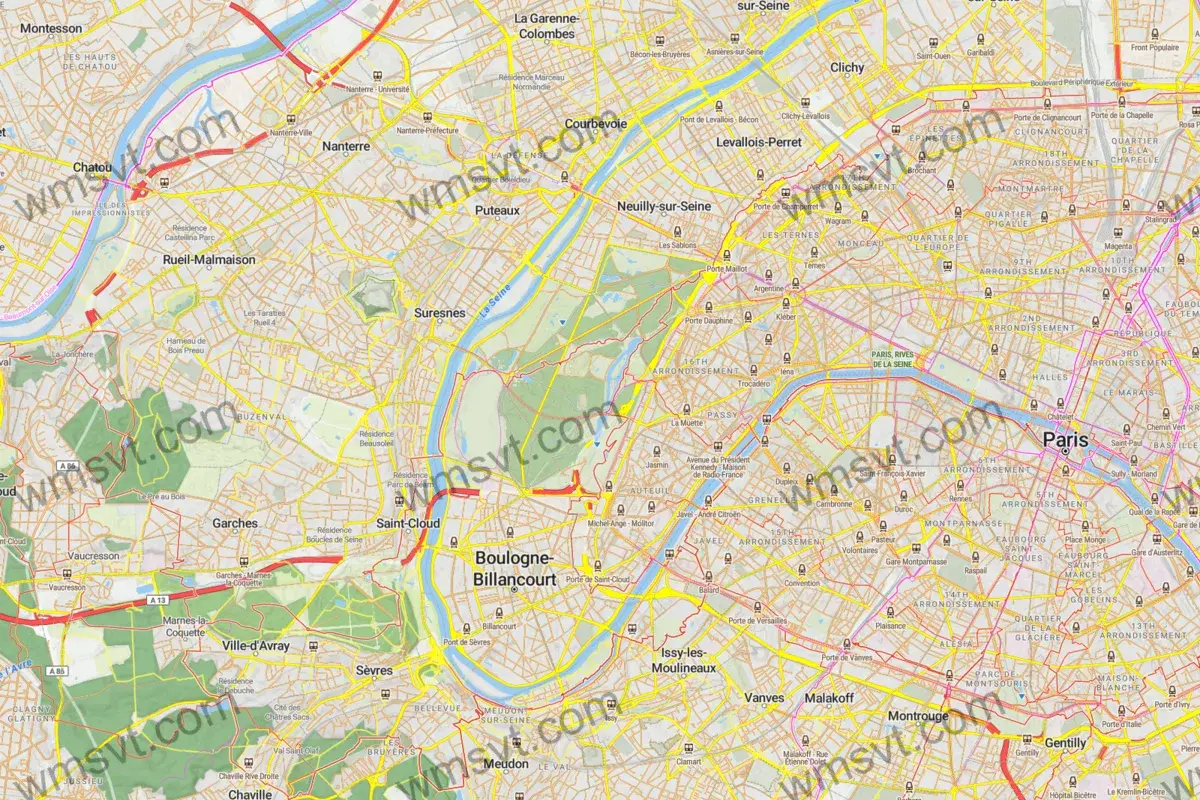 A detailed WMS-VT map render of Paris and nearby districts